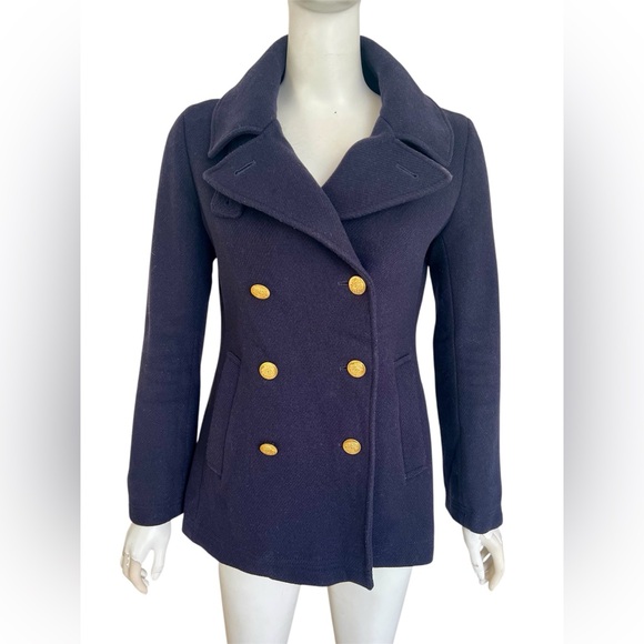 J Crew Nello Gori Coat Sz 4 Navy Blue Jacket Wool Blend Peacoat Preppy Nautical - Picture 5 of 11